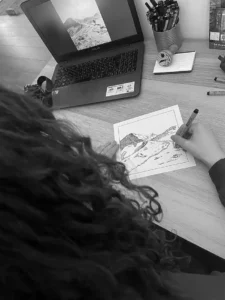 Dessins réalisés à la main d'après des photos personnelles